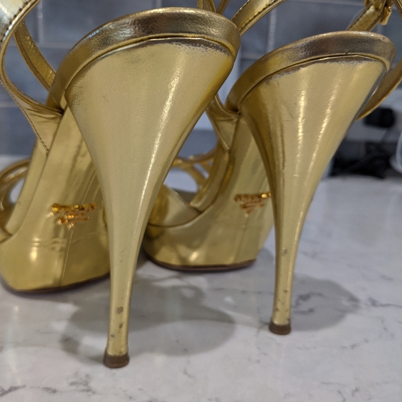 Prada Gold T-Strap Peep Toe Heels - Picture 12 of 13